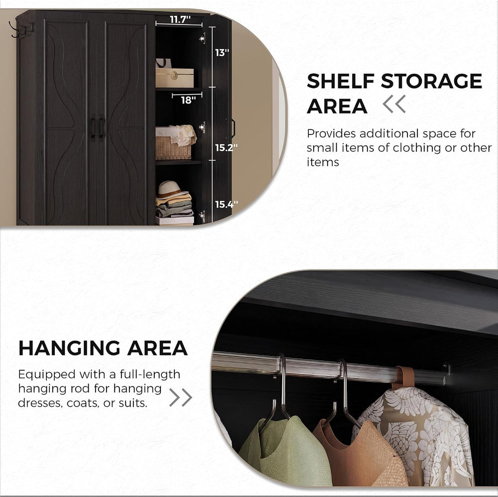 LIKIMIO Armoire Wardrobe Closet with 4 Doors and Drawers, Black