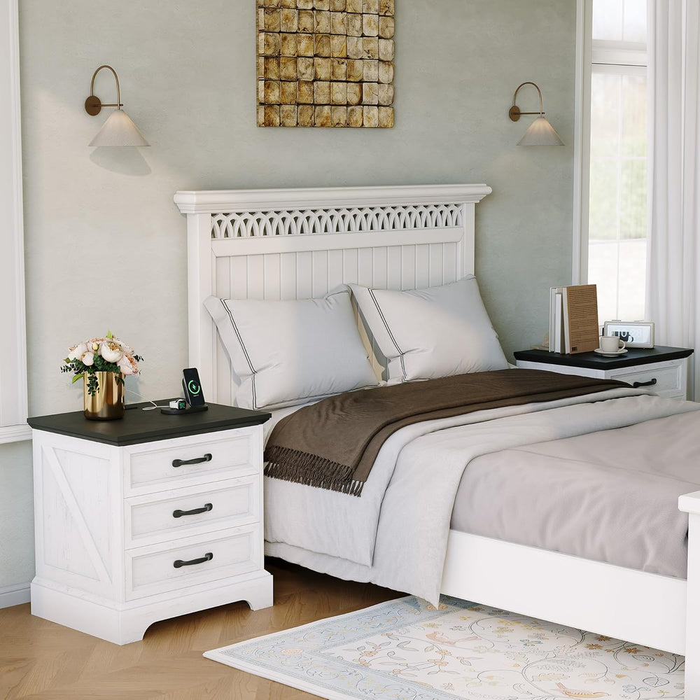 Garvee Modern Farmhouse Nightstand with Charging Station & 3 Large Drawer...