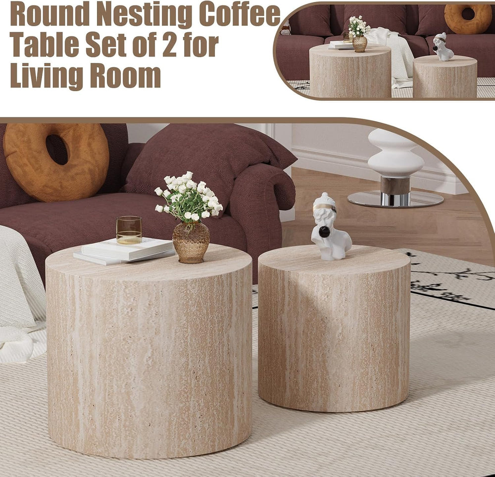 Nesting Coffee Table Set of 2 (C Travertine) | Modern Round Drum Coffee Table...