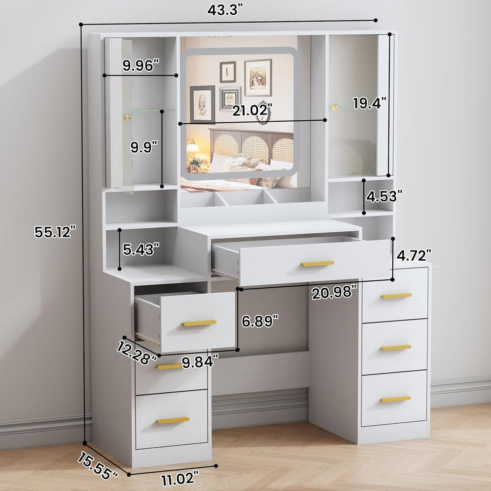 BORNOON Vanity Desk with Mirror and Lights, Makeup Vanity with 7 Drawers, 2 G...