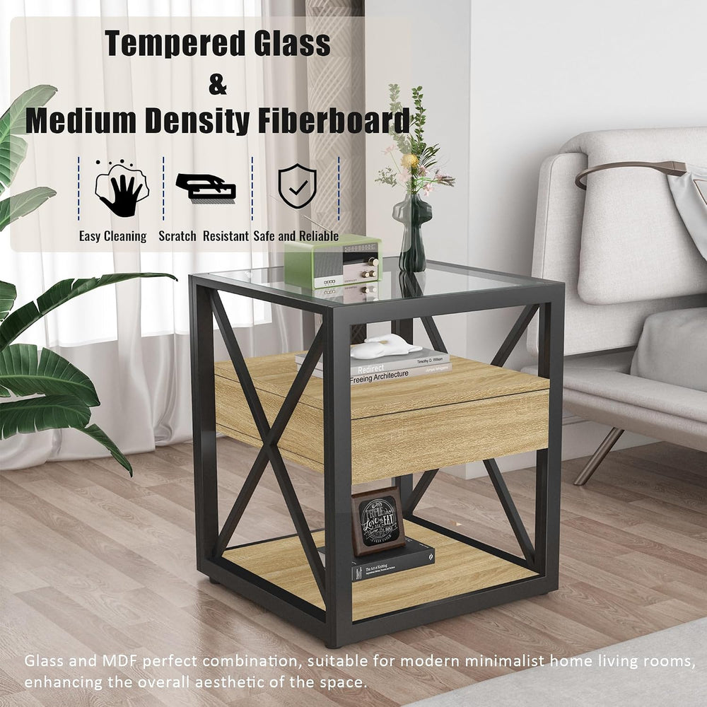 Set of 2 Modern Industrial End Tables with Drawer - Nightstands with Tempered...