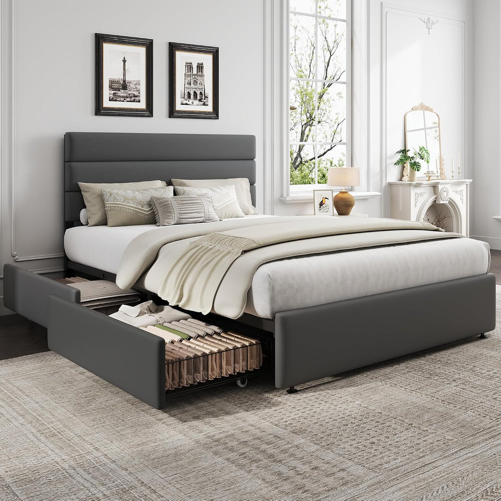 WLIVE Full Size Upholstered Bed Frame with 4 Storage Drawers and Headboard, V...