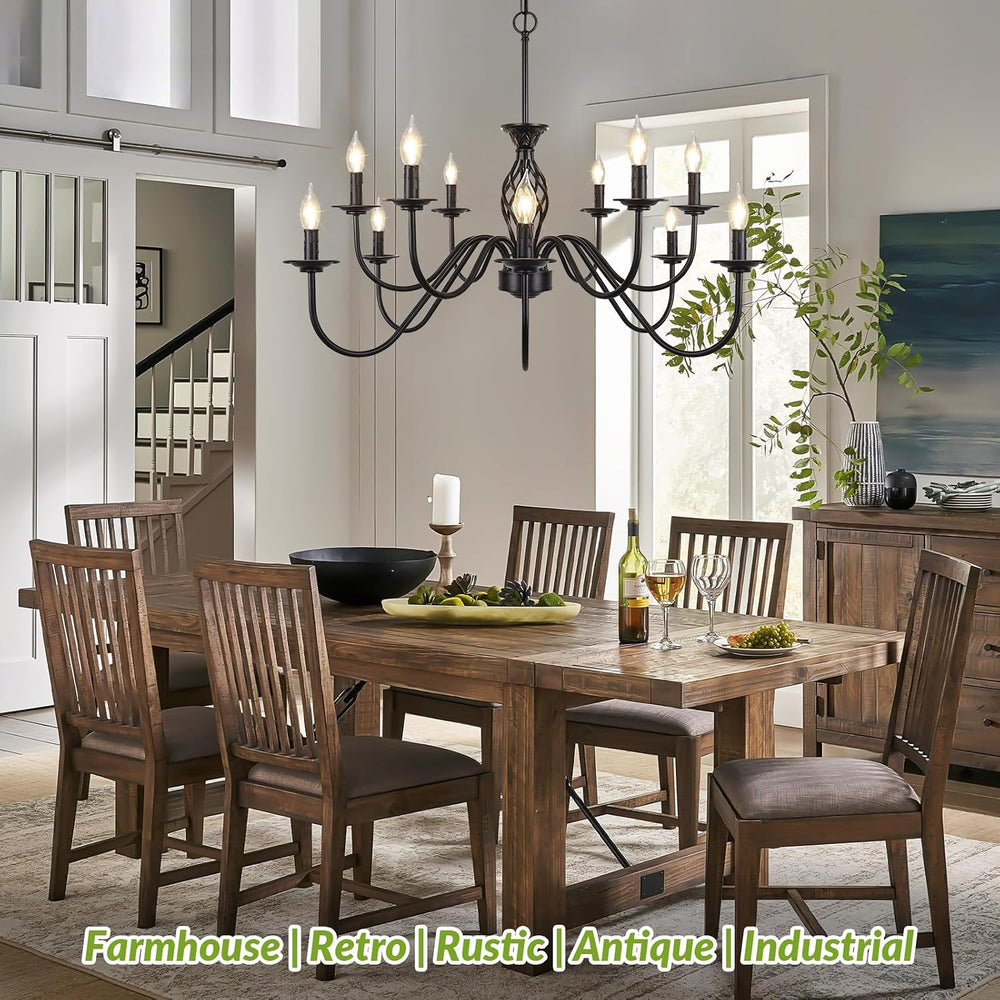 VerRon Matte Black 12-Light Farmhouse Candle Chandelier for Dining Room