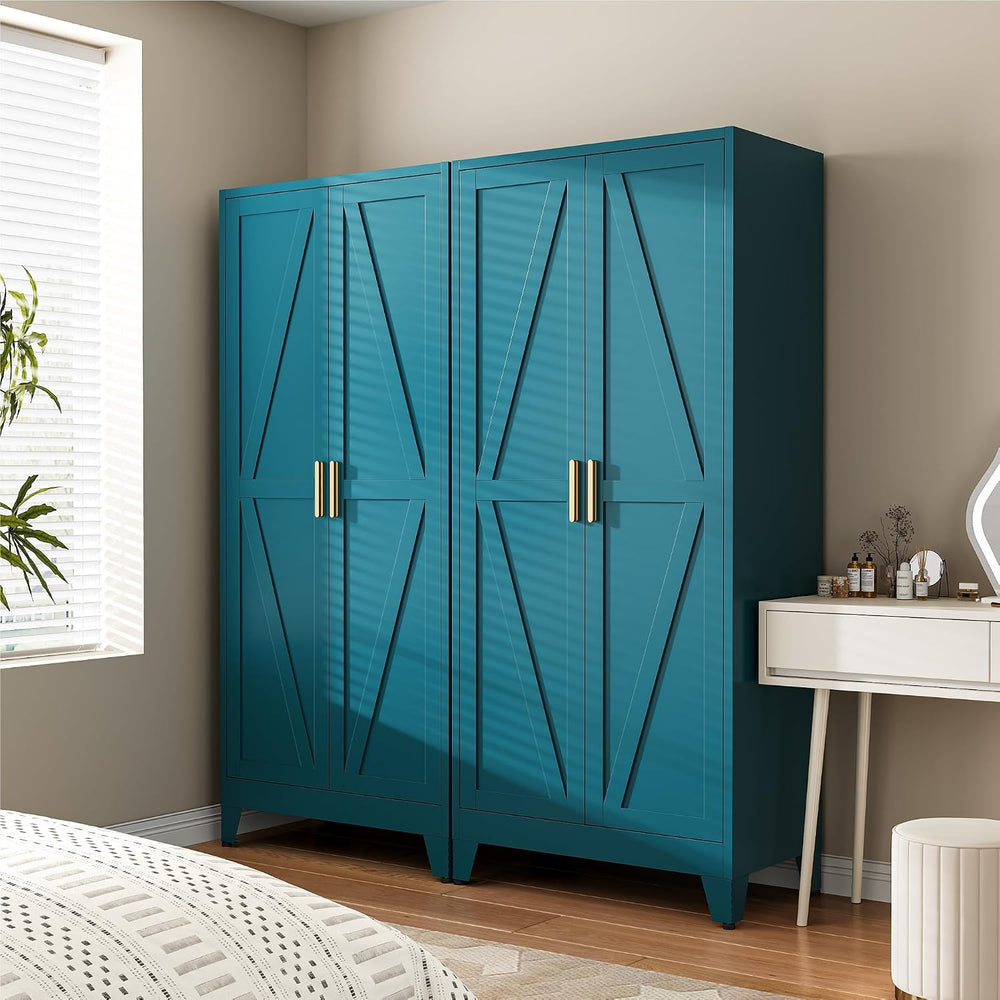 Metal Armoire Wardrobe Closet, Blue Farmhouse Storage Cabinet with Adjustable...