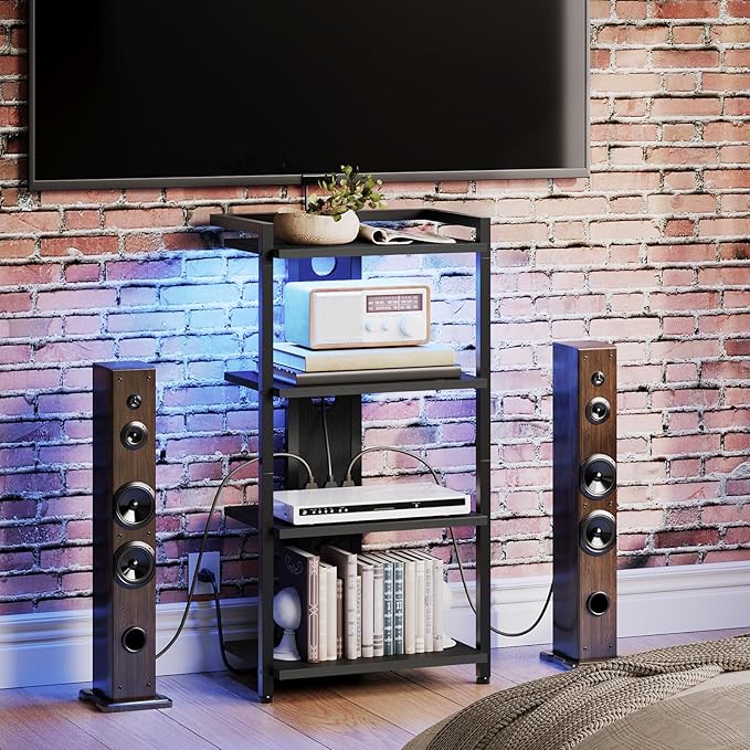 HOOBRO 4-Tier AV Media Stand with Charging Station and LED Light, Wooden Ster...