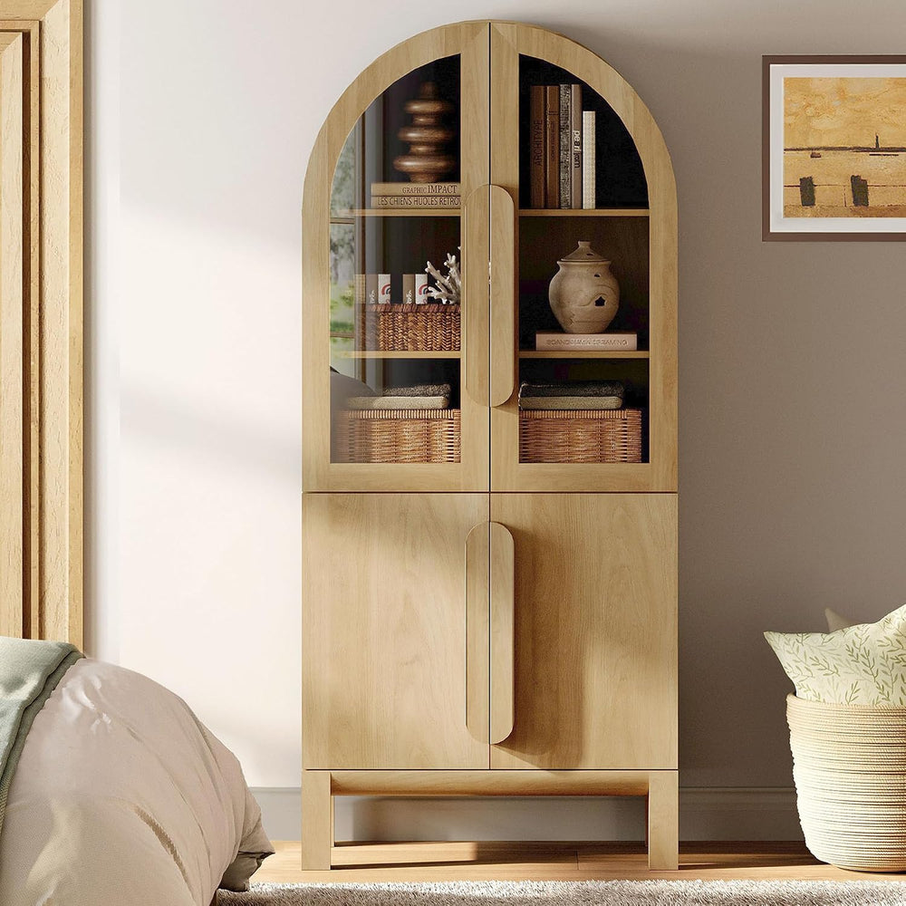 WAMPAT 71" Tall Arched Kitchen Pantry Cabinet, Oak, 1 PC