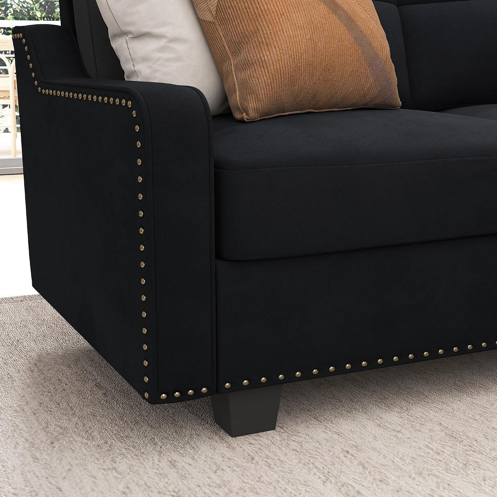 HONBAY Convertible Sectional Sofa L Shaped Couch,Velvet Black | Reversible Se...