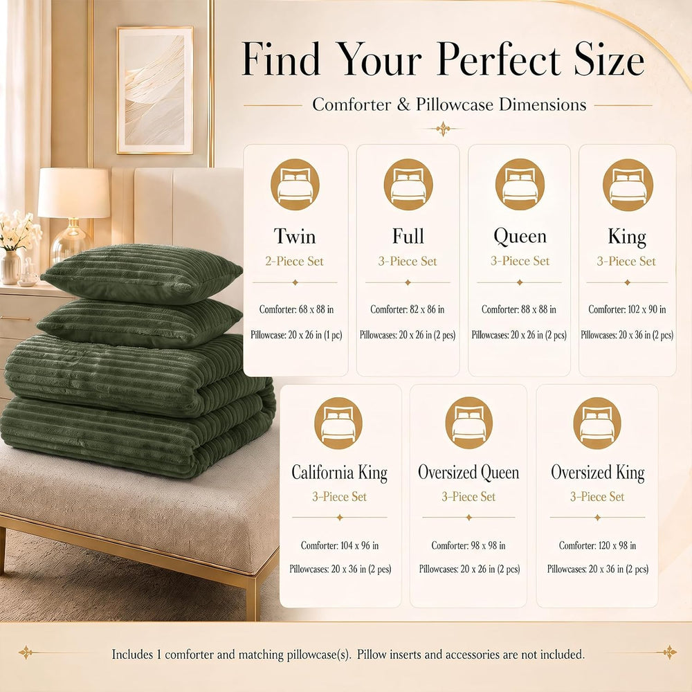 CozyLux Fleece King Size Comforter Set, 3 Piece Warm Olive Green Bedding