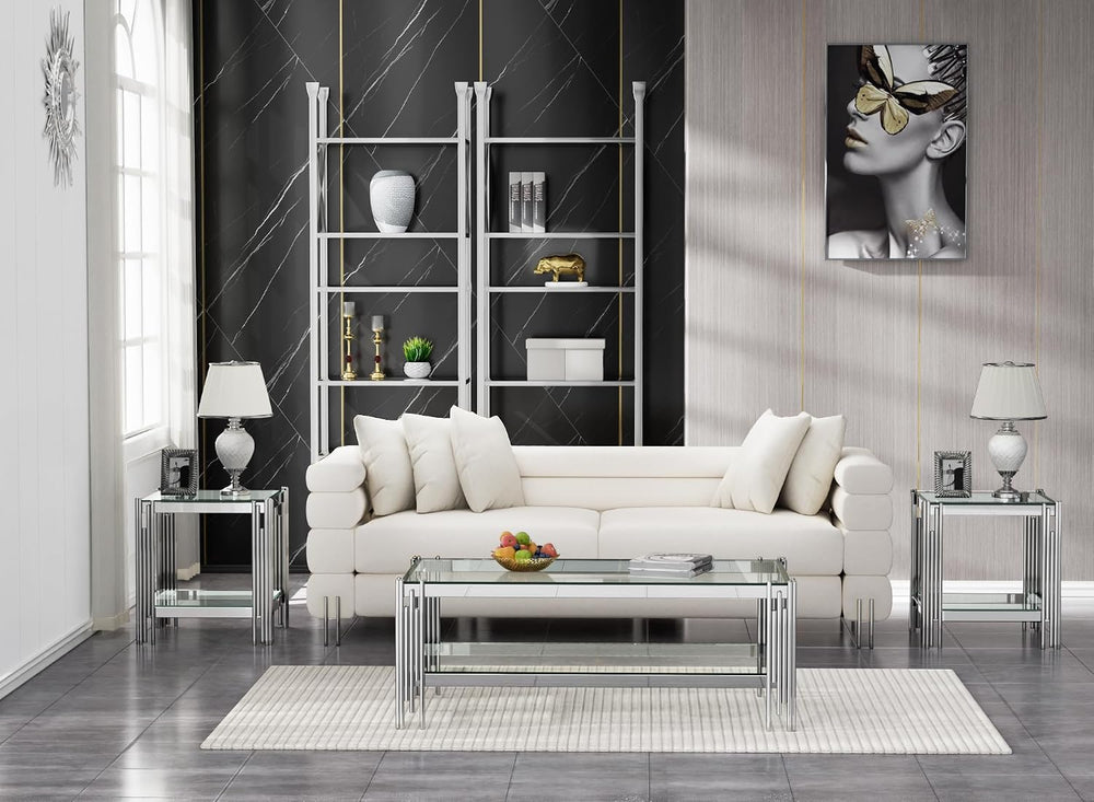 Modern Glass Coffee Table Set of 3, Luxury 2-Tier Clear Glass Coffee Table an...