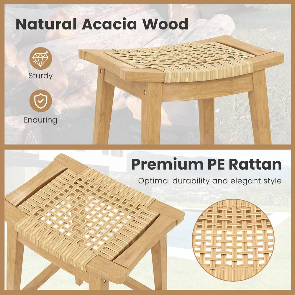 Tangkula Wood Bar Stool Set of 4, 29” Patio Rattan Acacia Barstool with Footr...