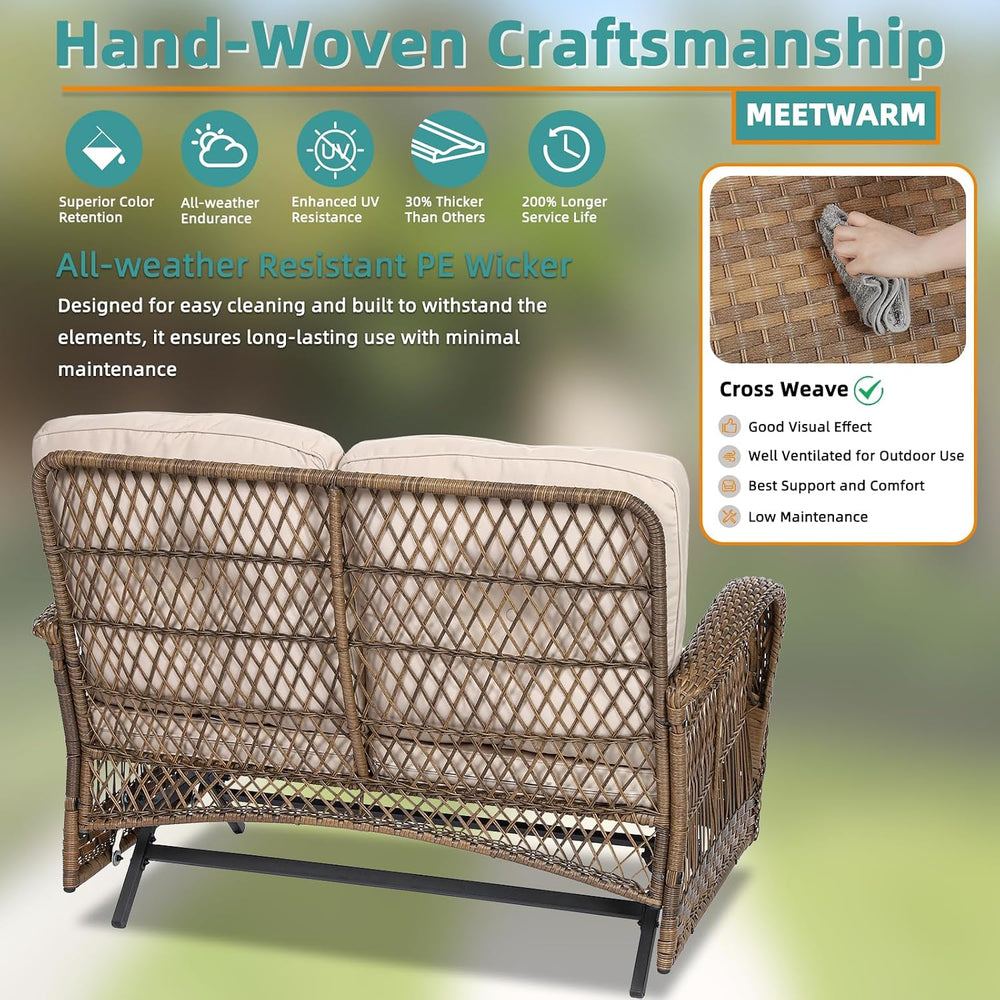 MEETWARM Outdoor Wicker Patio Glider Set, Loveseat for 2 Person Porch Furnitu...