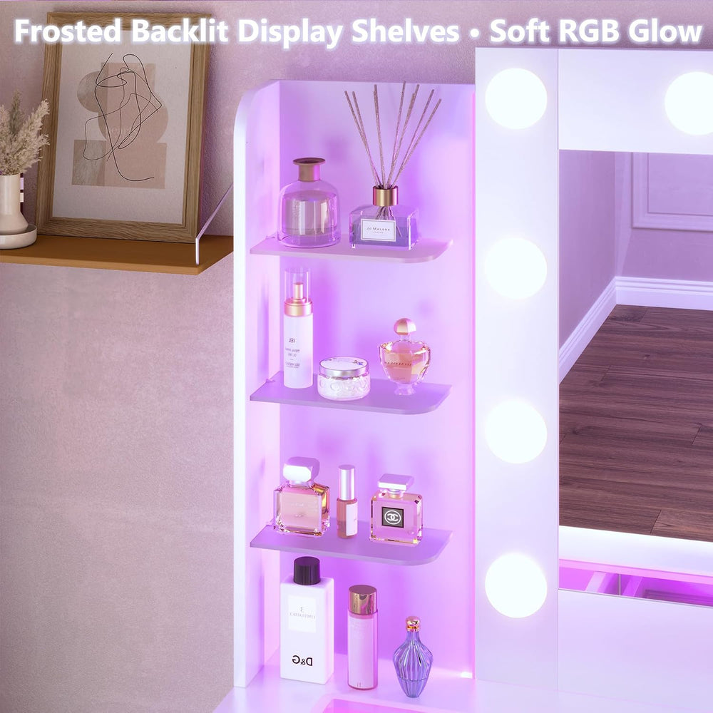 HUAHUU Vanity Desk with Mirror and Hollywood Lights, Makeup Vanity 6 Backlit ...