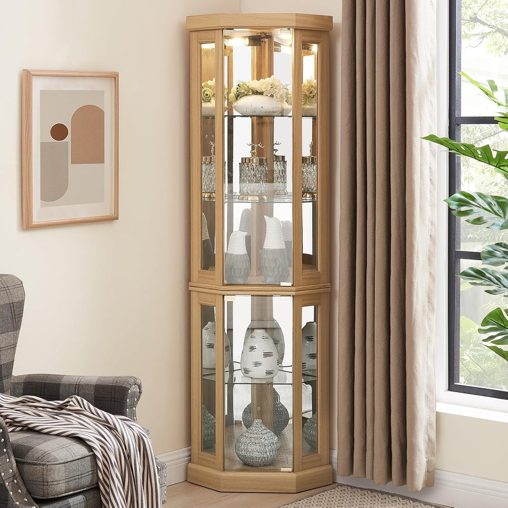 Tall Corner Cabinet with Glass Doors, Lighted Glass Display Curio Cabinet wit...