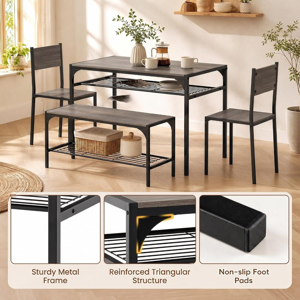 COSTWAY Dining Table Set for 4 with Bench & 2 Chairs, Storage Racks, Grey