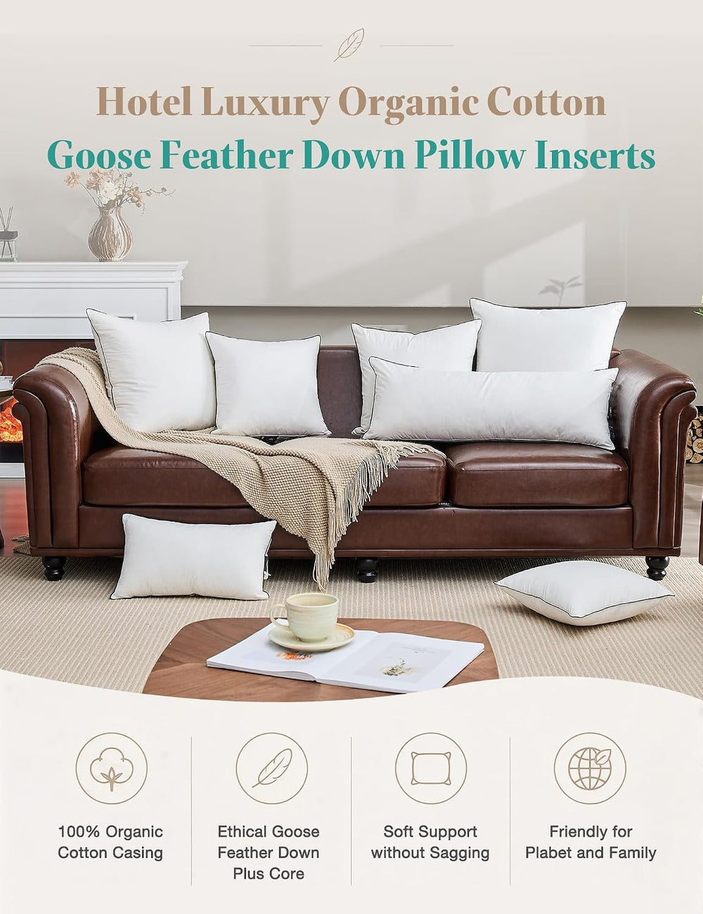 APSMILE Goose Feather Down Throw Pillow Inserts 16x16 Inch, Set of 2