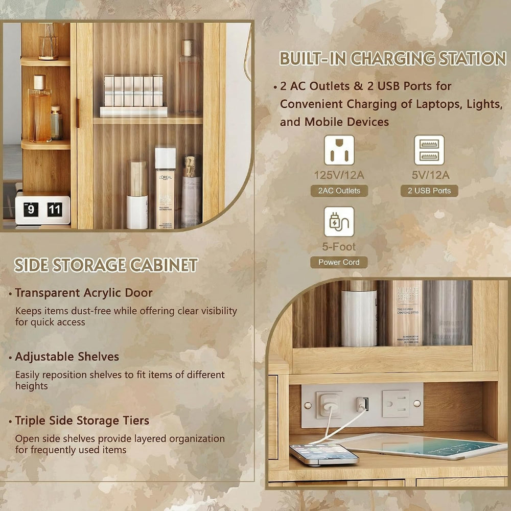 49" Wooden Vanity Desk with Mirror and Lights, Fluted Boho Makeup Vanity...