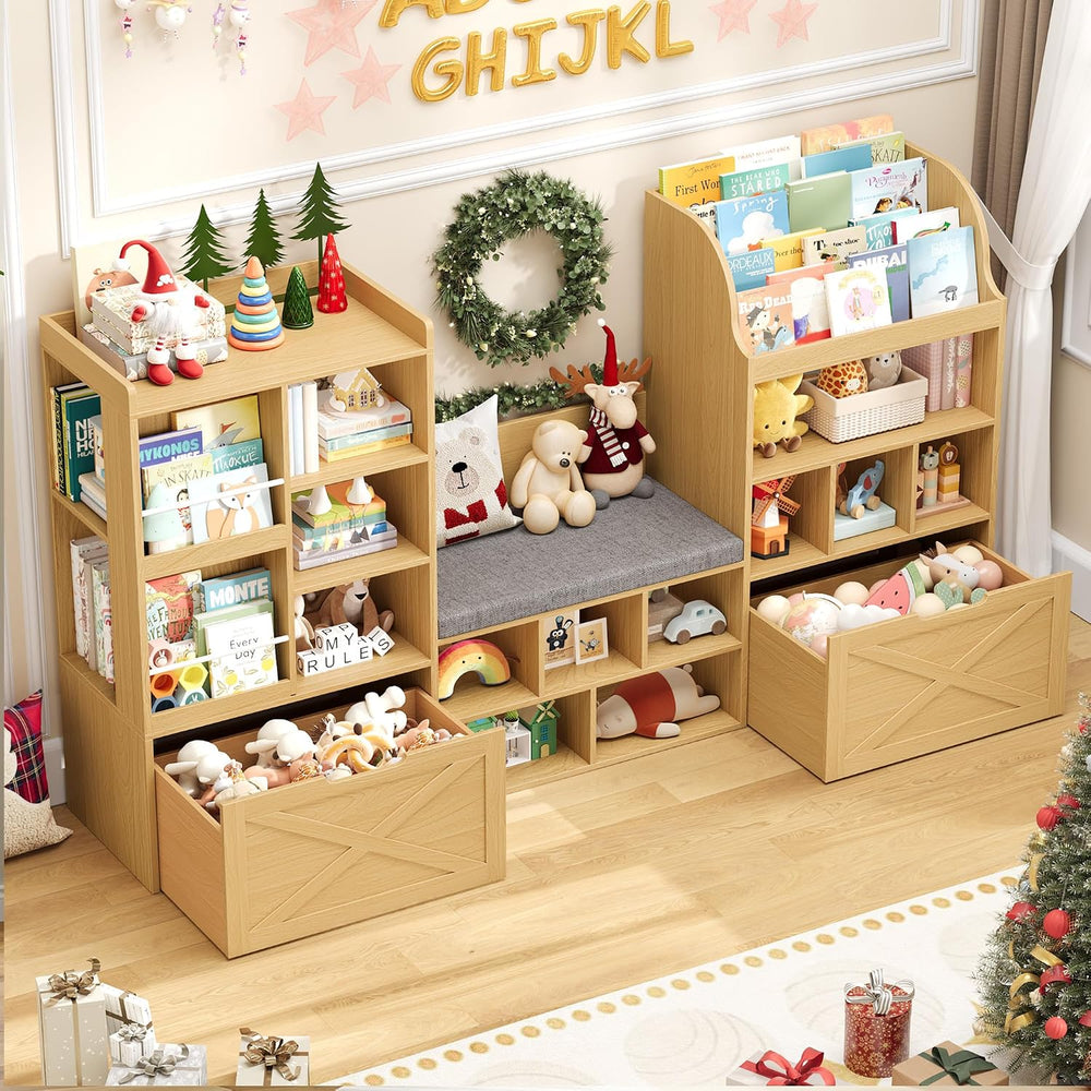 FINETONES Bookshelf with Reading Nook, Book Organizer with Seat Bench