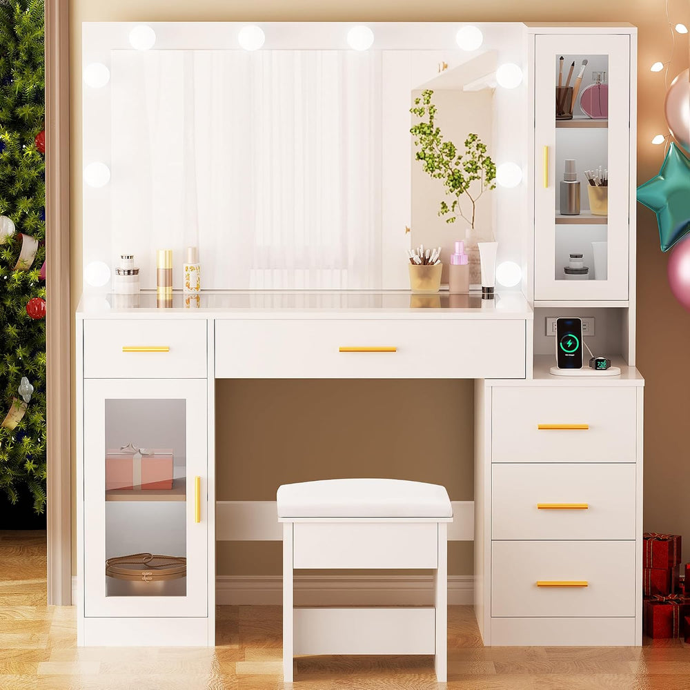 BEWISHOME 49.2" Large Glass Top Vanity Desk with Lighted Mirror and Stoo...