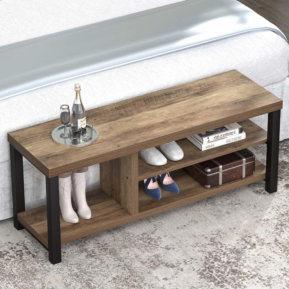 FOLUBAN Shoe Bench for Entryway, Wood and Metal Indoor Bench with Shoe Storag...