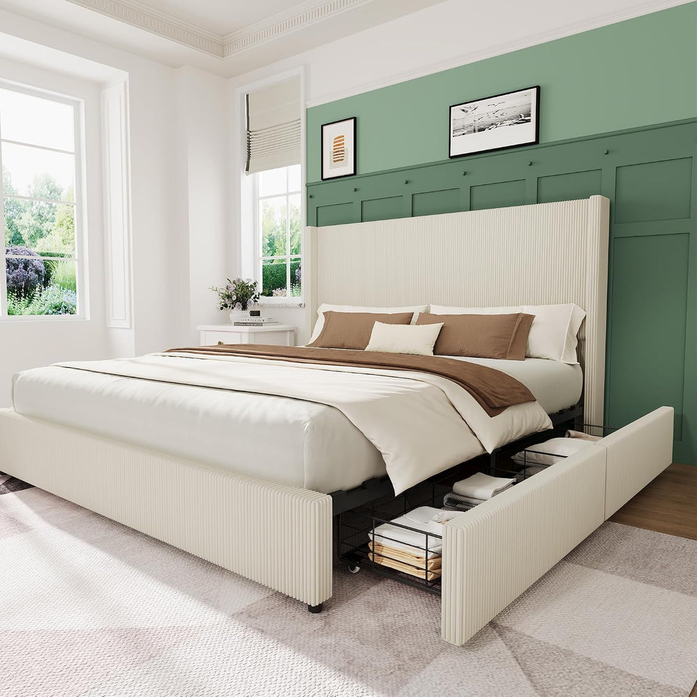 GarveeHome King Beige Storage Bed Frame, Corduroy Upholstered Platform Bedfra...