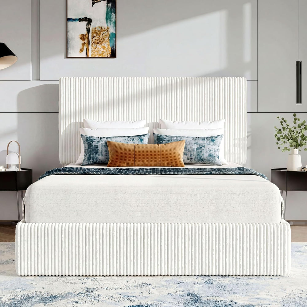 SHA CERLIN Queen Size Corduroy Bed Frame with Adjustable Headboard, White