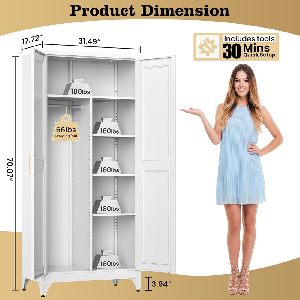 71" Metal Storage Cabinet with Hanging Rod, Tall White Wardrobe Closet w...