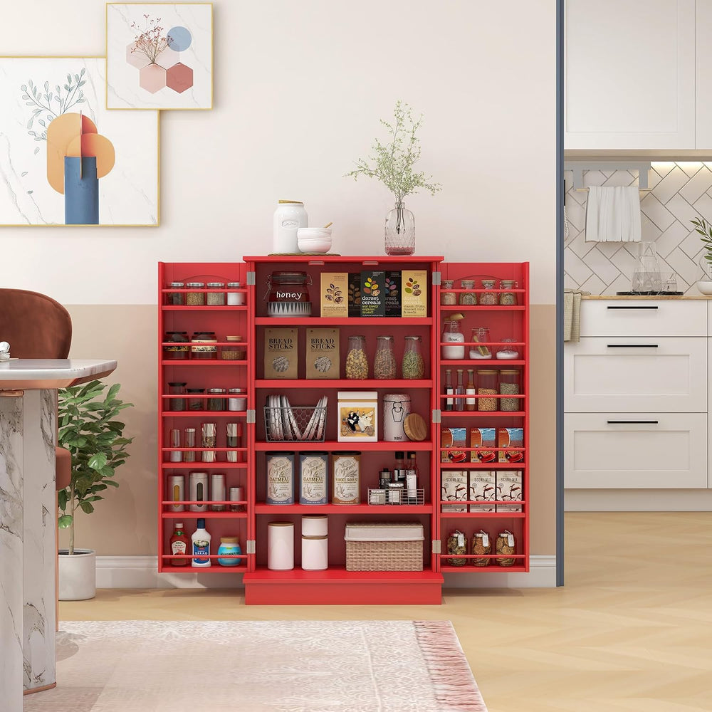 41" Kitchen Pantry Storage Cabinet, Red, with Double Doors, 12 Interior ...