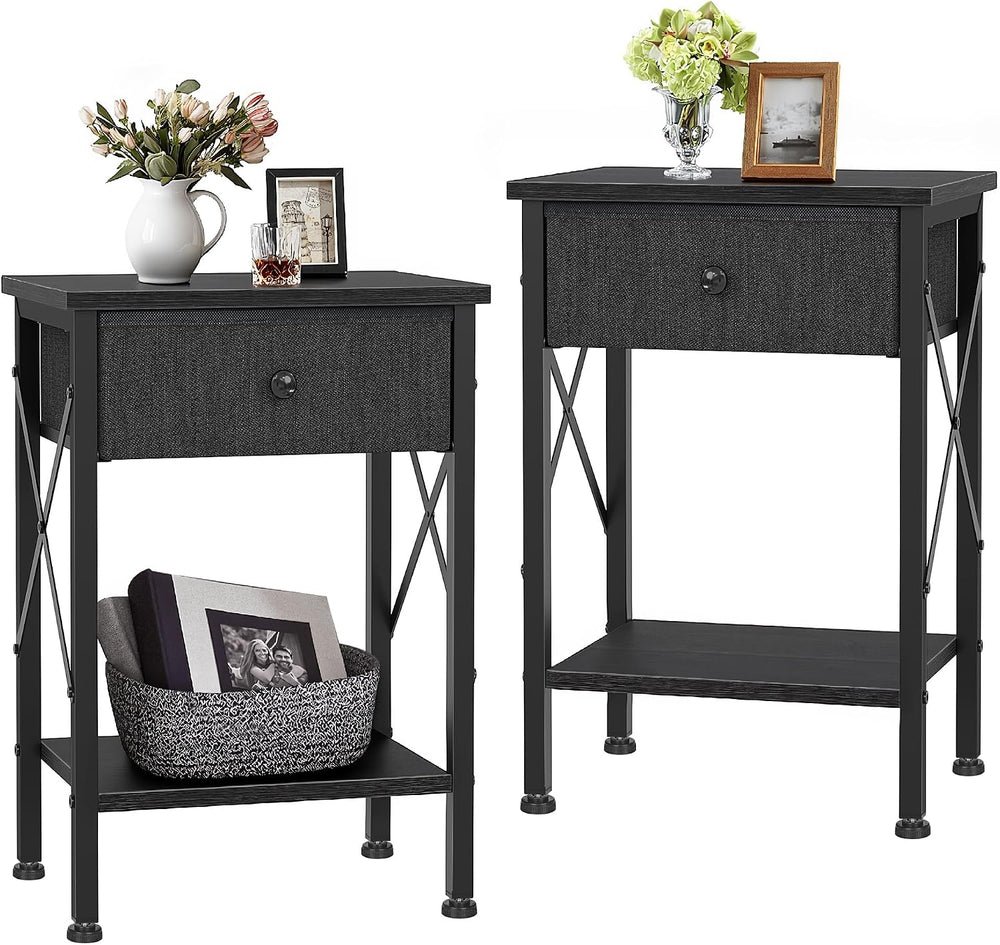 VECELO Nightstand Set of 2, X-Design End Side Table with Fabric Storage Drawe...
