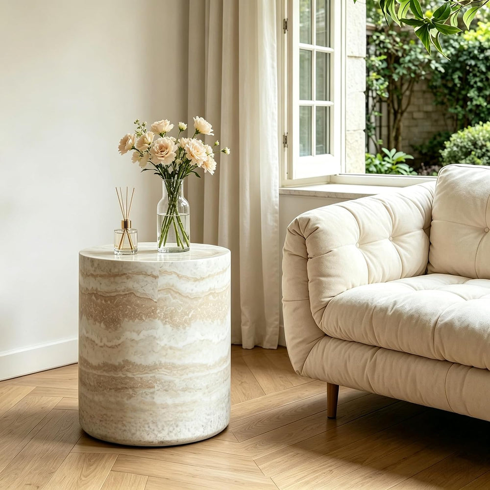 Marble-Effect Cylindrical Side Table Lightweight Fiberglass & Resin Accen...
