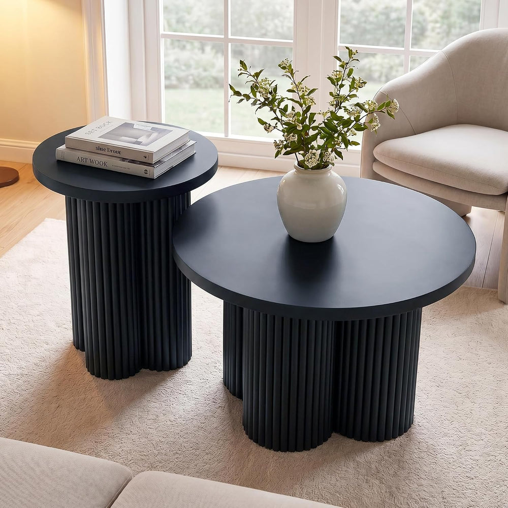 Nesting Coffee Tables Set of 2 Fluted Round Coffee Table(Black)