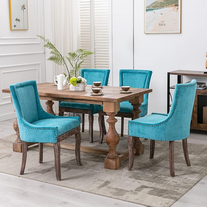 Teal Dining Chairs Set of 2, Kitchen & Dining Room Chairs, Fabric Upholst...