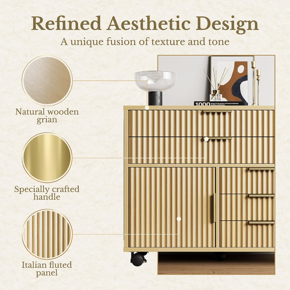 Fluted File Cabinet with 5 Drawers, Large Storage with Cabinet Door, Mobile F...
