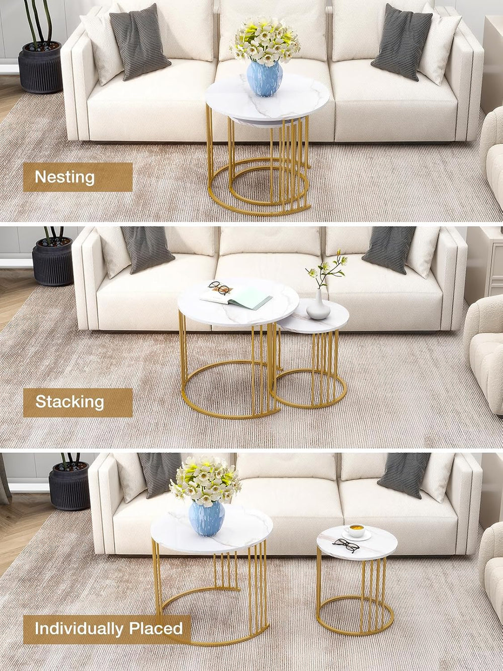 Nesting Coffee Table Set of 2, Round Table, Morden End Side Table Night Stand...