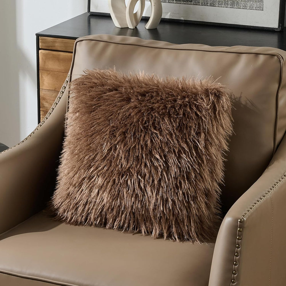 FUTEI Pack of 2 Faux Wool Throw Pillow Covers 18x18 Inch, Dark Brown