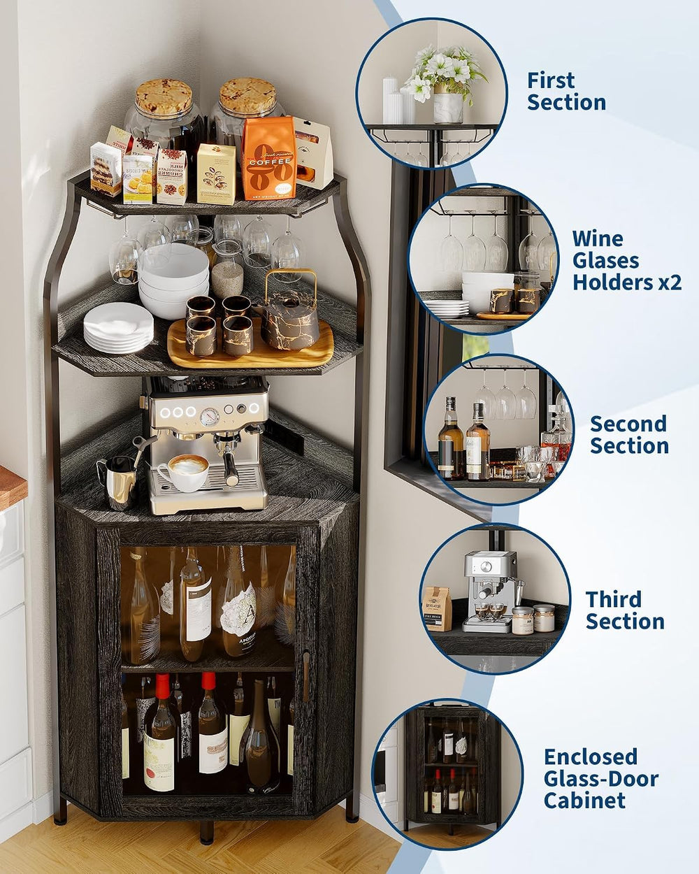 Garvee Corner Bar Cabinet with Power Outlet, Industrial Wine Cabinet with LED...