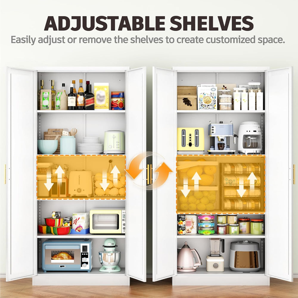 71” Tall Kitchen Pantry Cabinet, Metal Storage Cabinet with 2 Doors and 4 Adj...