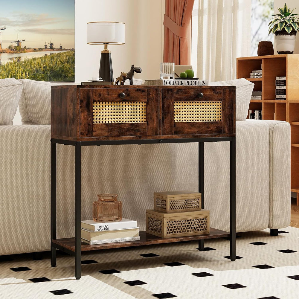 GOFLAME Rattan Console Table, Boho Entryway Table with 2 Drawers & Open S...