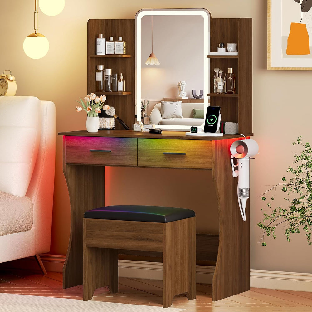 Vanity Desk with LED Lights Mirror & Power Outlet, Small Makeup Vanity Ta...
