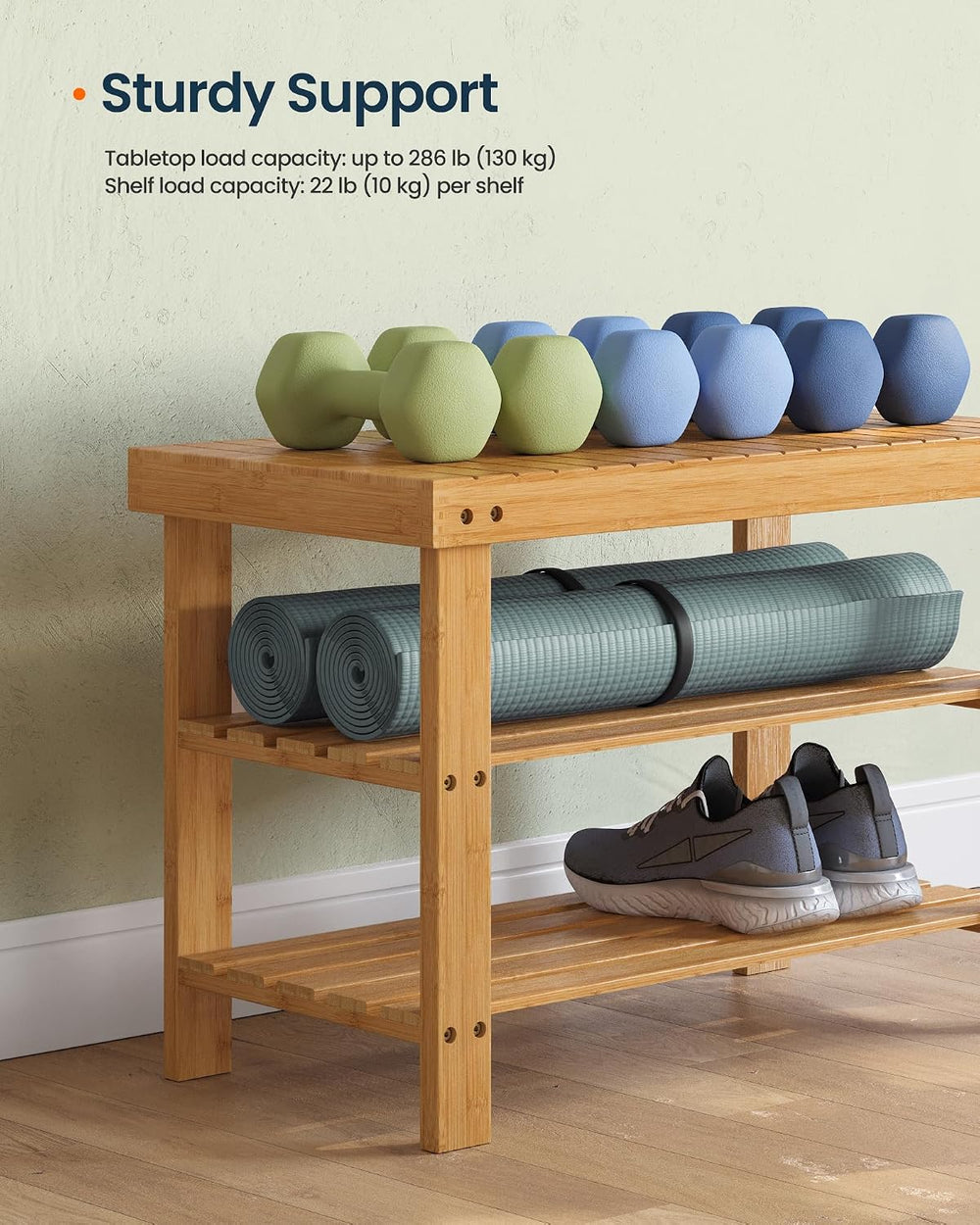 SONGMICS HOME 3-Tier Bamboo Shoe Bench, Shoe Rack, for Entryway Bathroom Bedr...