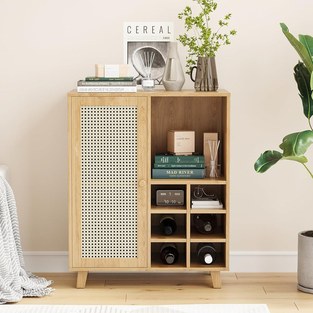 Farini 27.6" Buffet Cabinet with 6 Racks and Rattan Doors,Kitchen Sidebo...