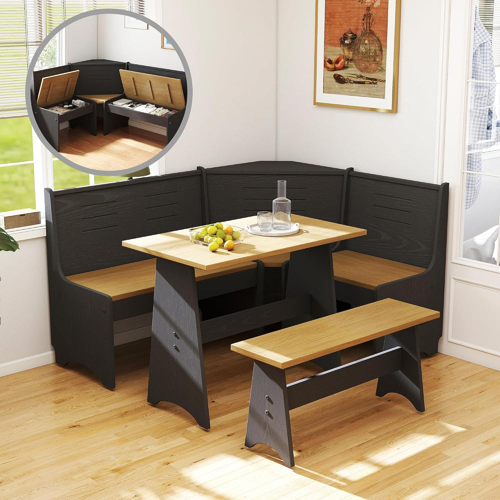Breakfast Nook Set 3-4 Seat L-Shaped with Hidden Storage - Space Saving Corne...