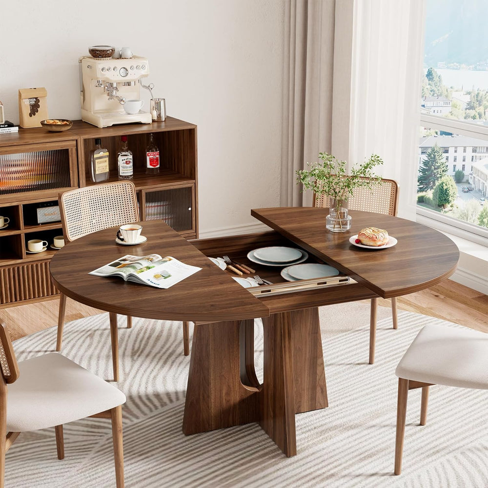 Epecoya 59-Inch Extendable Round to Oval Pedestal Dining Table, Farmhouse Woo...