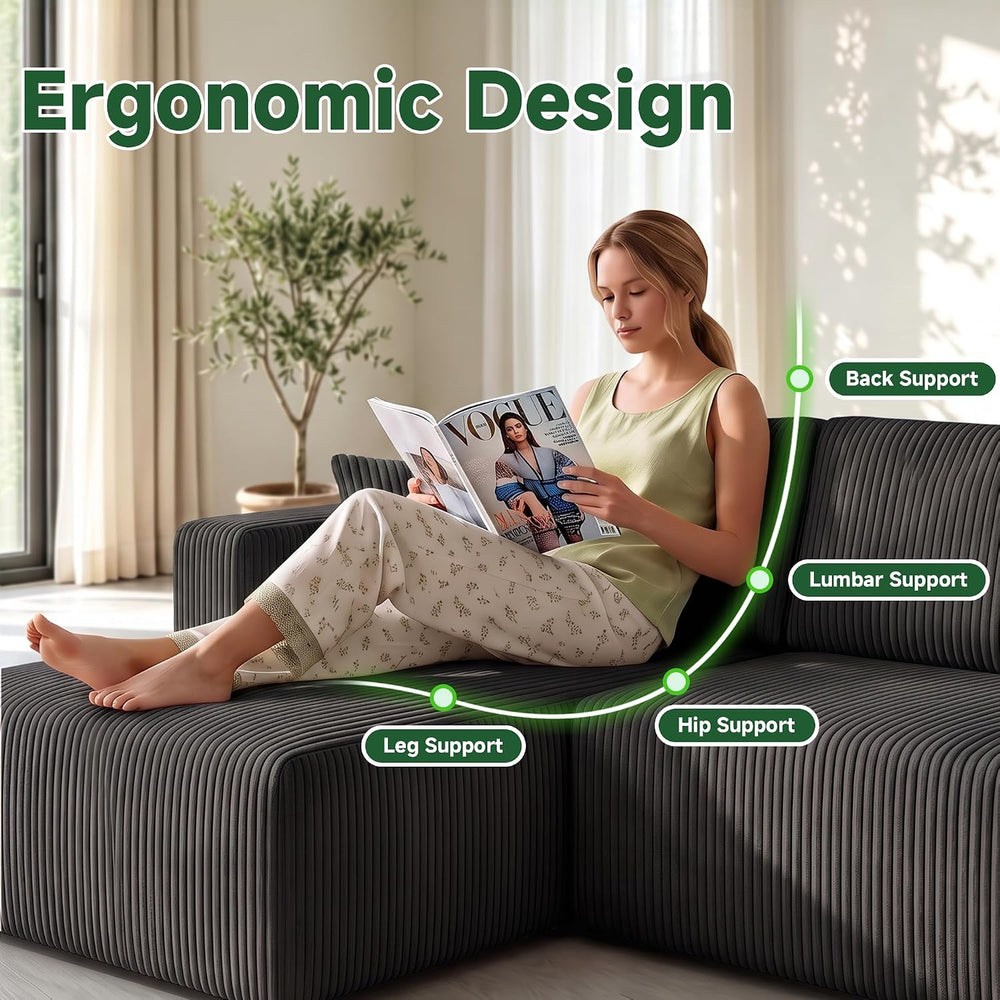 130" Couch U-Shaped Sectional Sofa, Black | Corduroy Cloud Couch with Do...