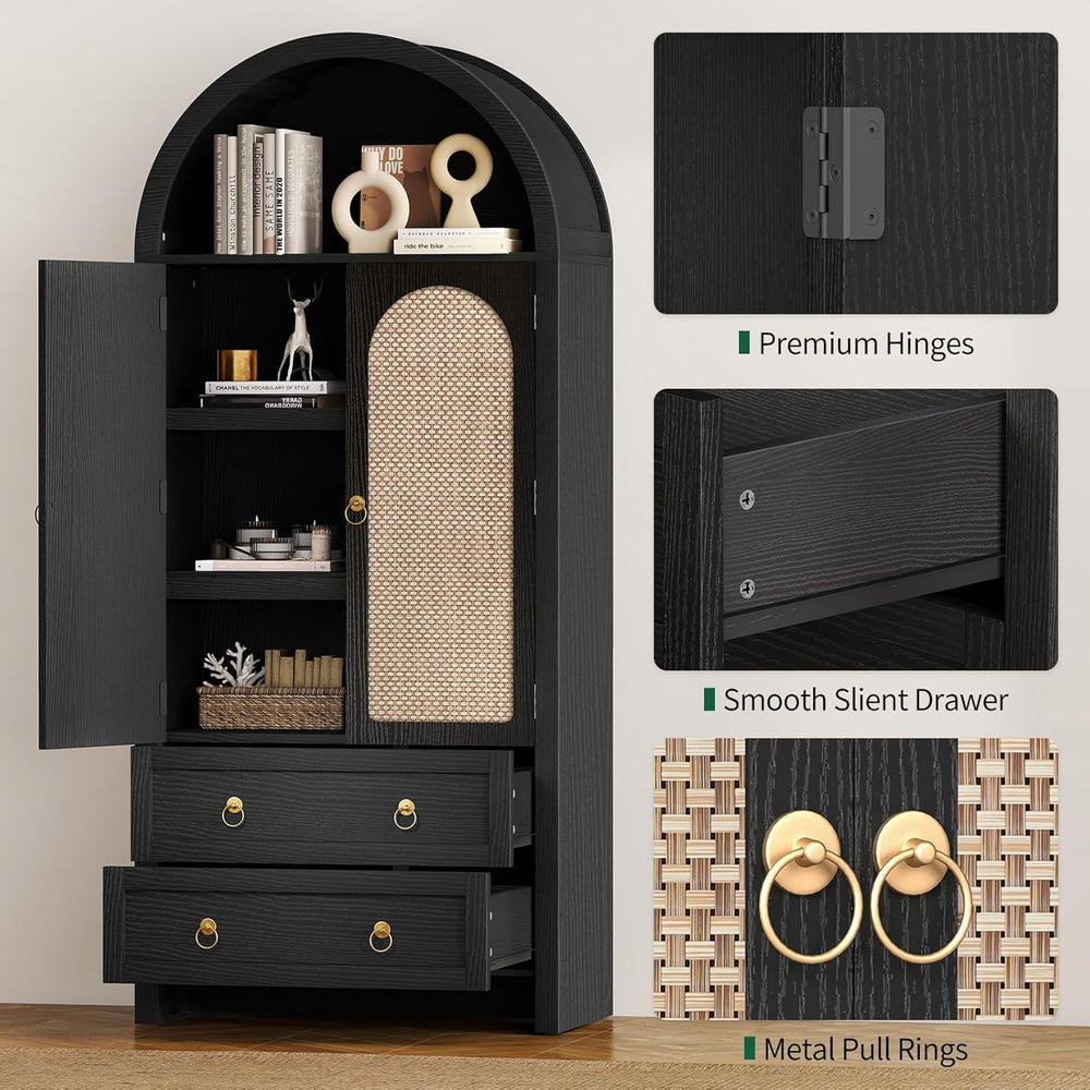 71" Arched Cabinet Kitchen Pantry Cabinet with Rattan Doors, Storage Cab...