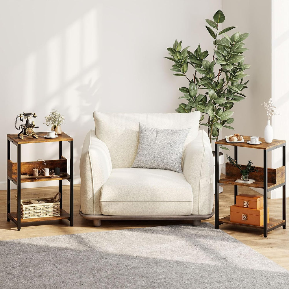 Giantex Side Table with Charging Station - Industrial 3-Tier Bedside Table w/...