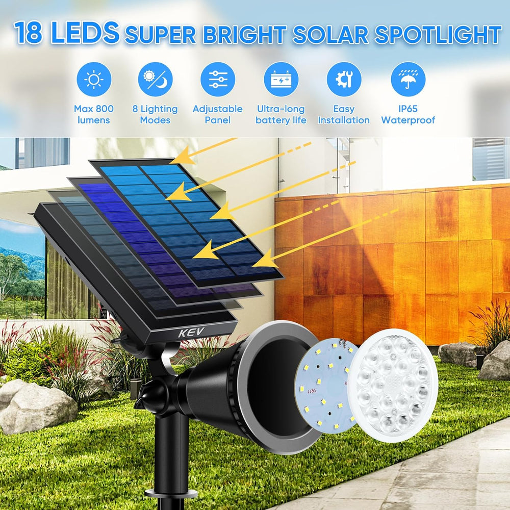 KEV 800 Lumens Solar Spot Lights Outdoor,18 LEDs Solar Flood Lights with 2 Mo...
