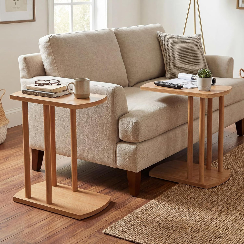 Giantex C-Shaped Teak Wood Side Table, Set of 2 Narrow 2-Tier Couch Tables th...