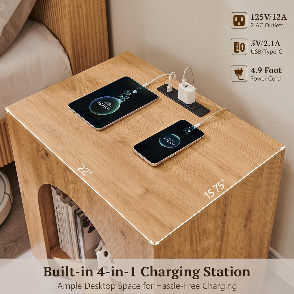 Arched End Table Set of 2 with Type-C Charging Station, 22" Modern Bedro...