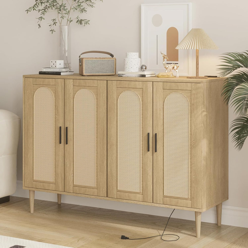 Patikuin Rattan Sideboard Buffet Cabinet, 4 Doors Accent Storage Cabinet, Con...