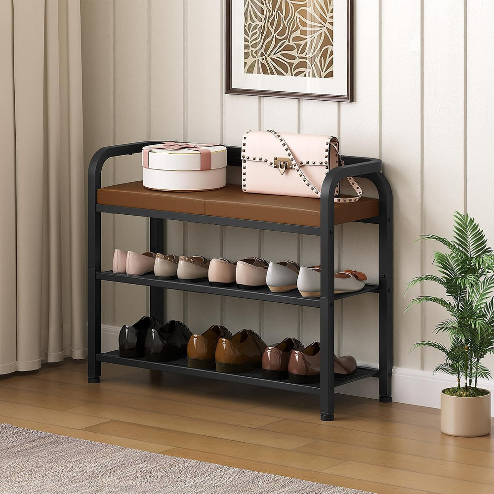 YATINEY Shoe Bench with Backrest, Entryway Bench, 2-Tier Shoe Rack with PU Pa...
